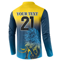 Button sweatshirt back with 'YOUR TEXT 21' and lion graphic, yellow and blue two-tone