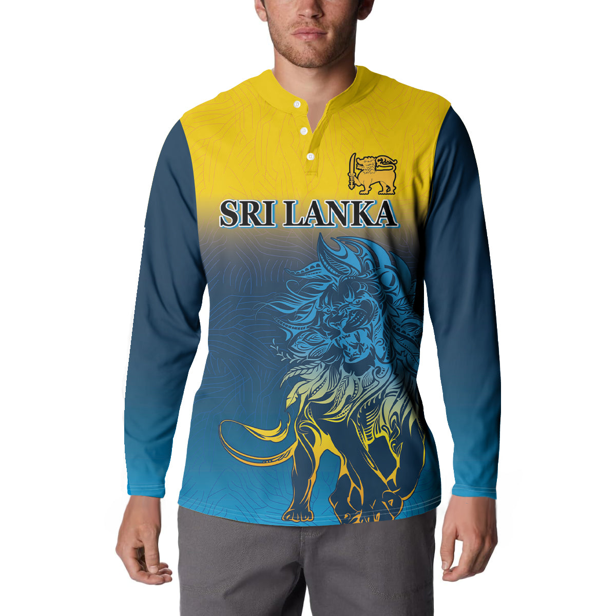 Button sweatshirt on model with SRI LANKA lion graphic, yellow body and blue sleeves
