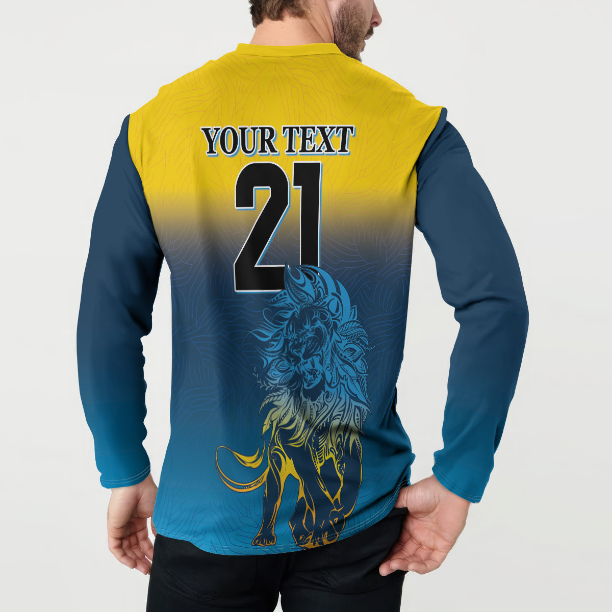 Button sweatshirt back with 'YOUR TEXT 21' lion graphic, yellow and blue two-tone