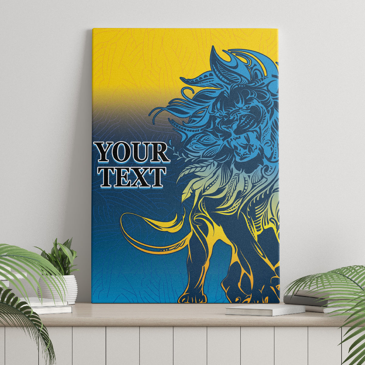 Canvas wall art with blue lion illustration and custom “Your Text” design