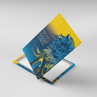 Canvas wall art lying at an angle, showing blue lion face and “Your Text”