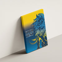Canvas wall art on wall showing blue lion head with “Your Text”