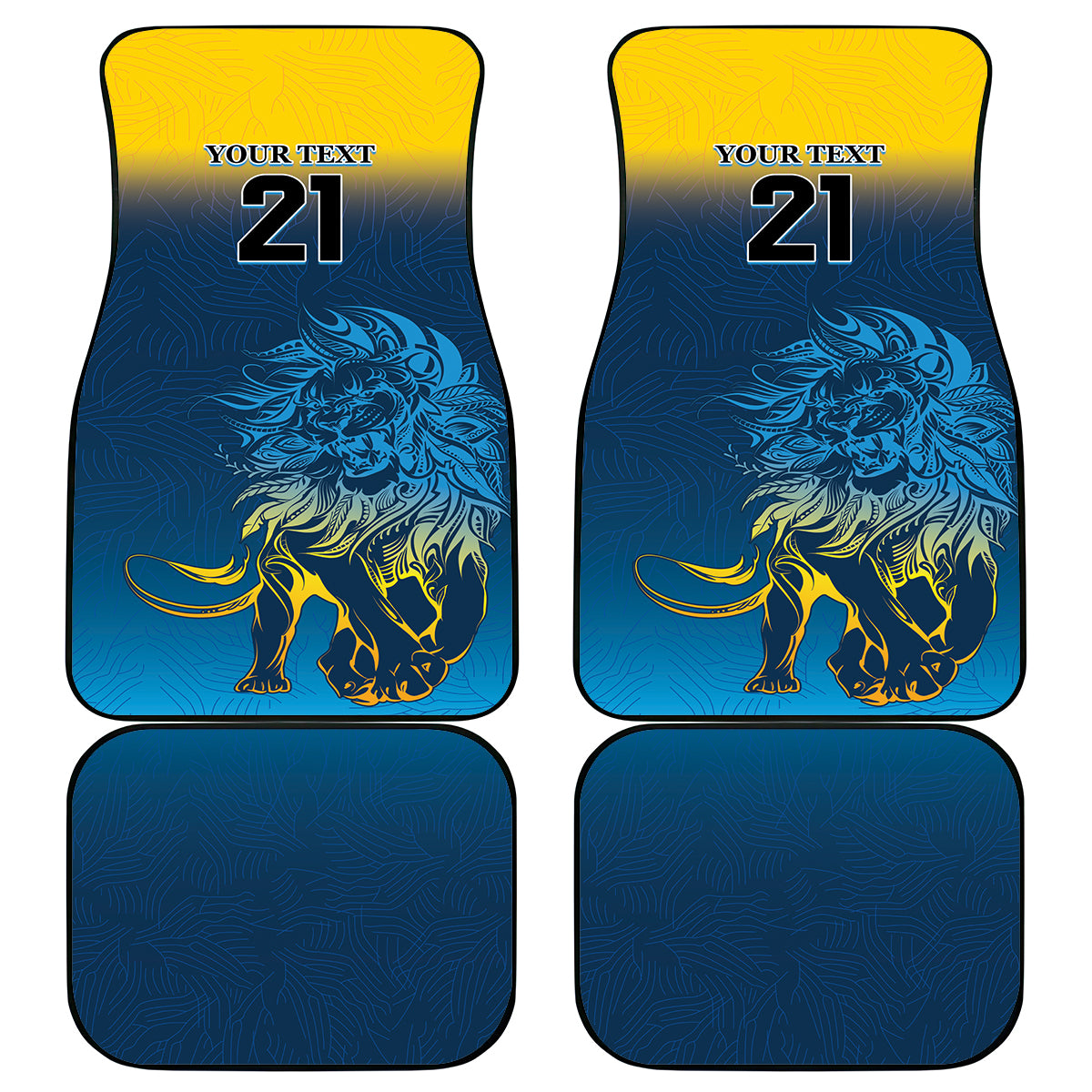 Blue car mat set (2 front, 2 rear) with lion graphic and 21 logo