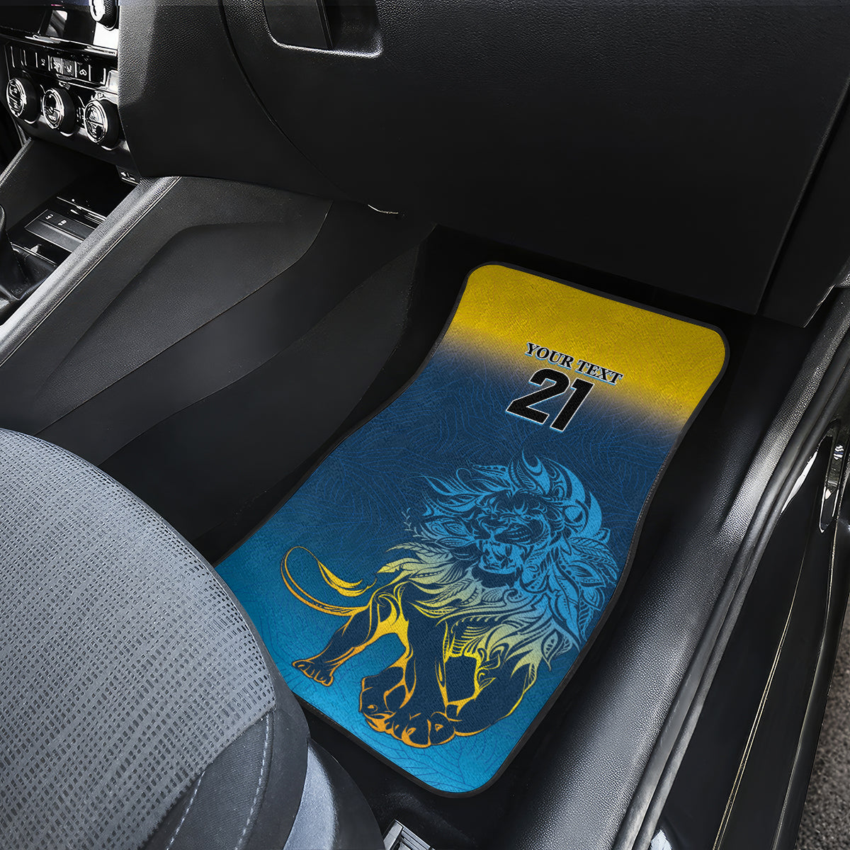 Blue car floor mat with lion graphic and 21 logo in rear passenger area