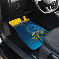 Blue car floor mat with lion graphic and 21 logo in front passenger area