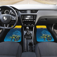Blue car floor mat set with lion graphic and 21 logo on front seats