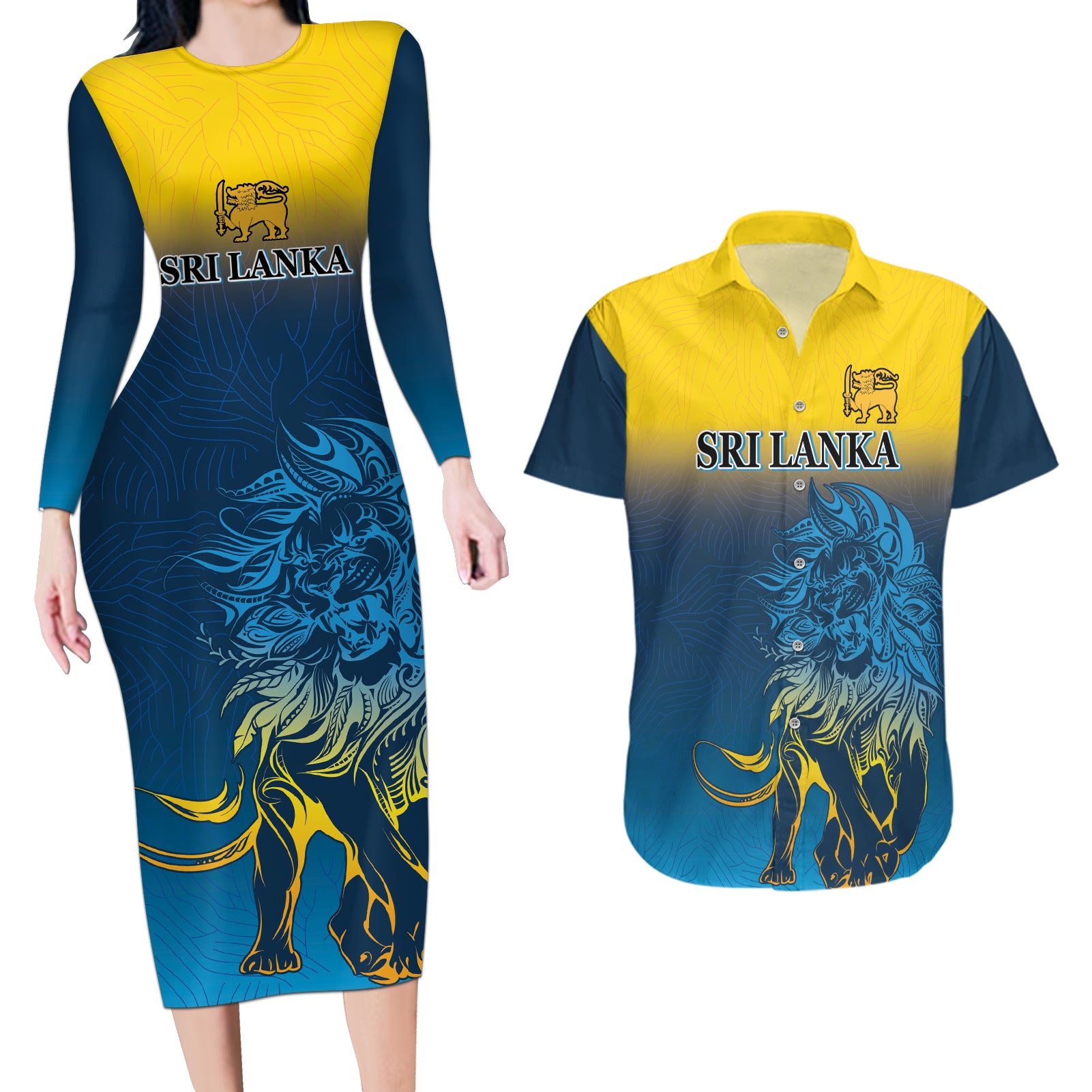 Sri Lanka Couples Matching Long Sleeve Bodycon Dress and Hawaiian Shirt With Lions Version LT9 - Wonder Print Shop