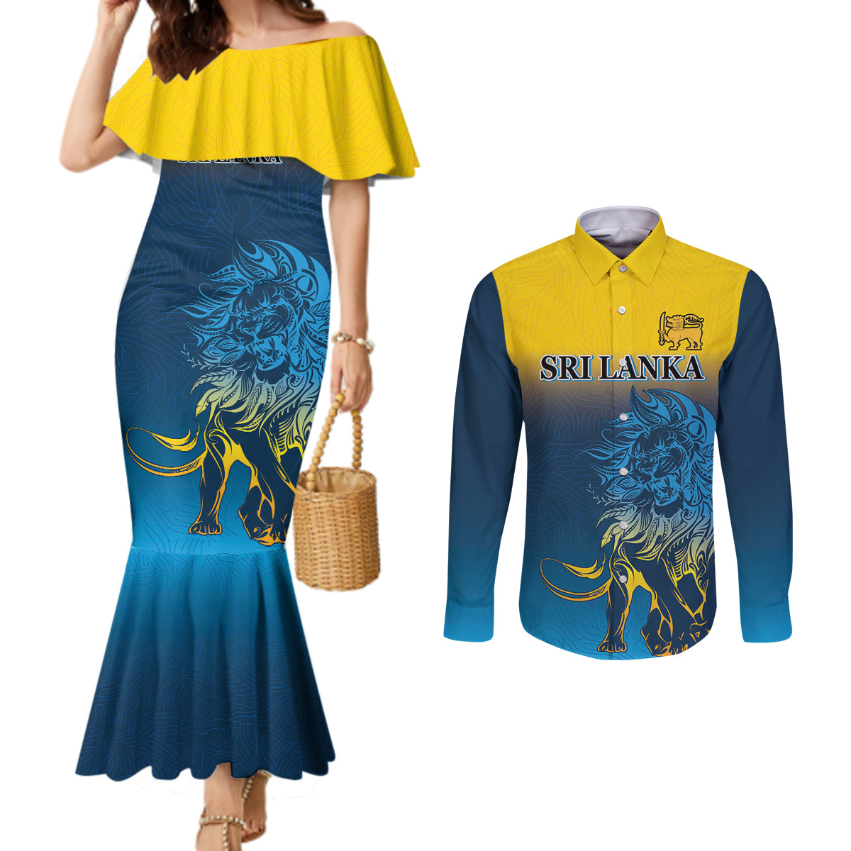 Sri Lanka Couples Matching Mermaid Dress and Long Sleeve Button Shirt With Lions Version