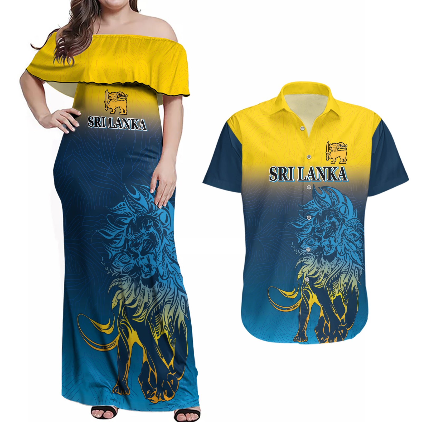 Sri Lanka Couples Matching Off Shoulder Maxi Dress and Hawaiian Shirt With Lions Version LT9 - Wonder Print Shop