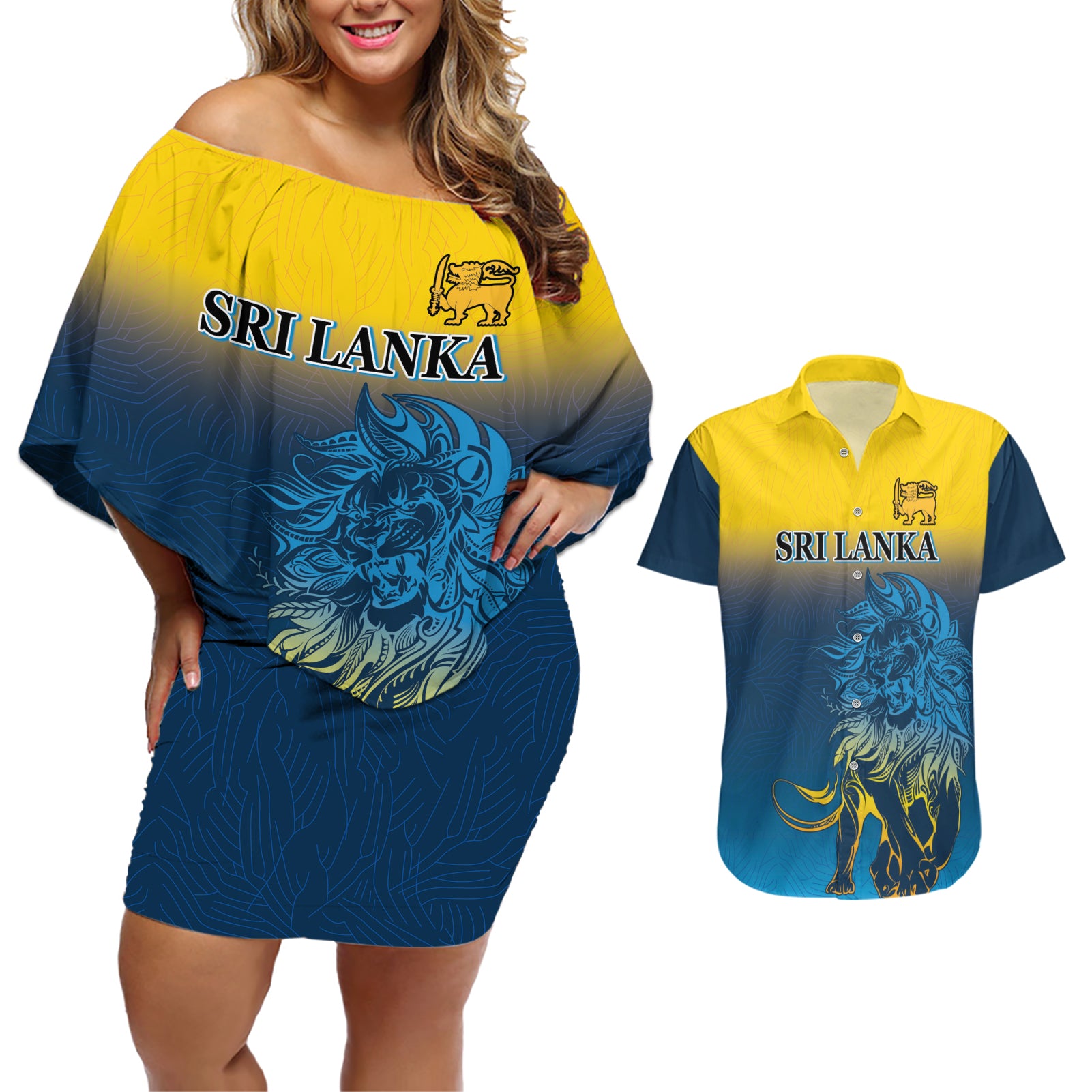 Sri Lanka Couples Matching Off Shoulder Short Dress and Hawaiian Shirt With Lions Version LT9 - Wonder Print Shop