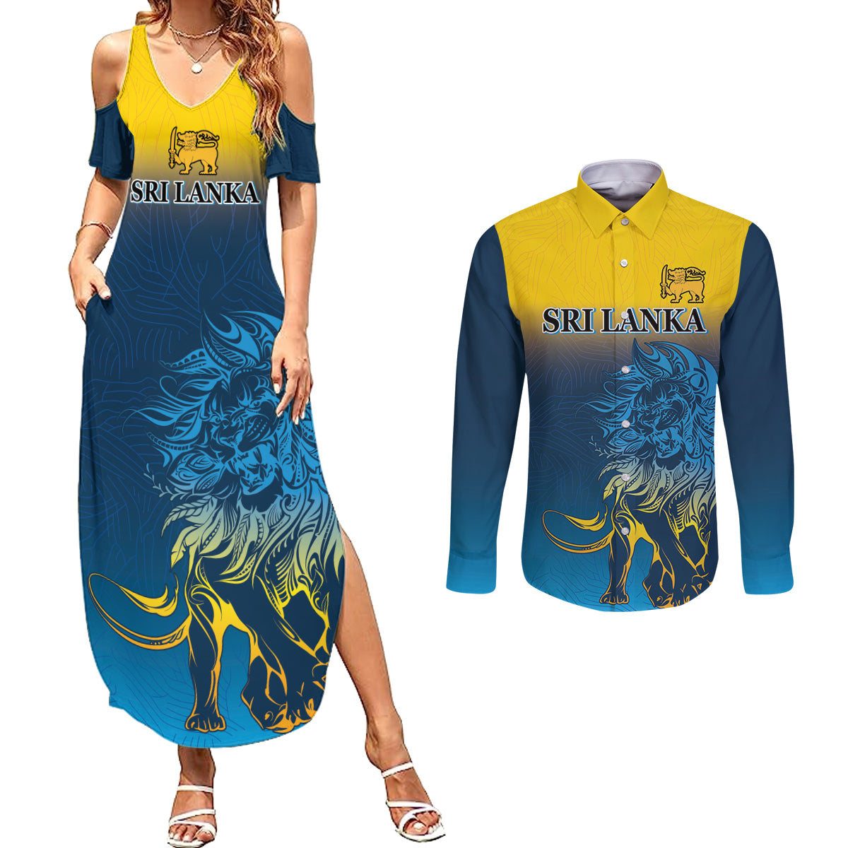 Sri Lanka Couples Matching Summer Maxi Dress and Long Sleeve Button Shirt With Lions Version LT9 - Wonder Print Shop