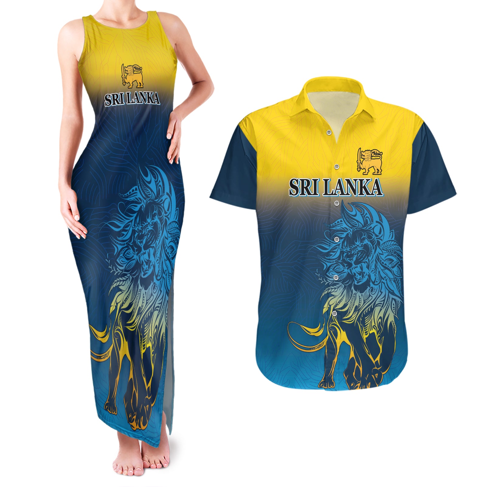 Sri Lanka Couples Matching Tank Maxi Dress and Hawaiian Shirt With Lions Version LT9 - Wonder Print Shop