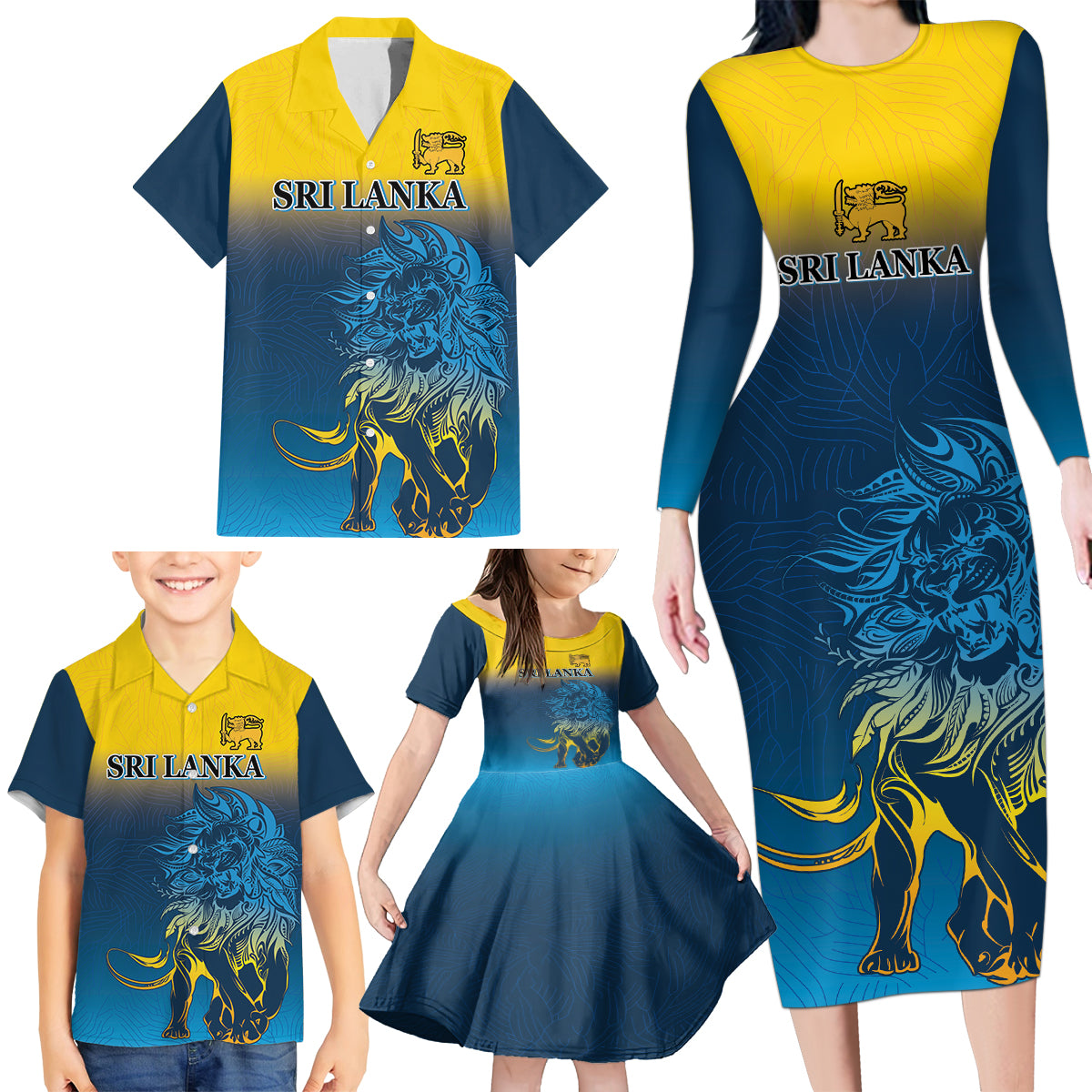 Sri Lanka Family Matching Long Sleeve Bodycon Dress and Hawaiian Shirt With Lions Version LT9 - Wonder Print Shop