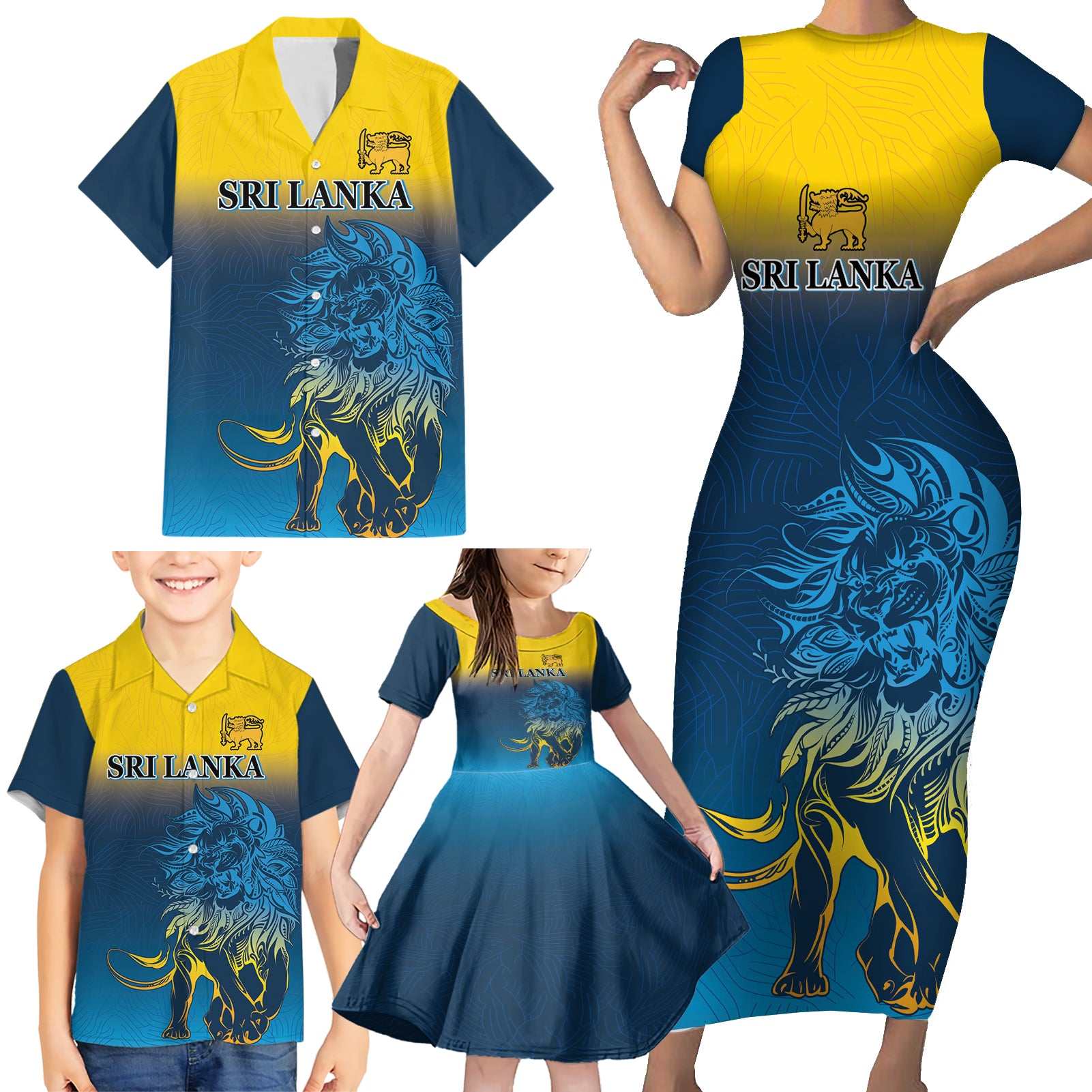 Sri Lanka Family Matching Short Sleeve Bodycon Dress and Hawaiian Shirt With Lions Version - Wonder Print Shop