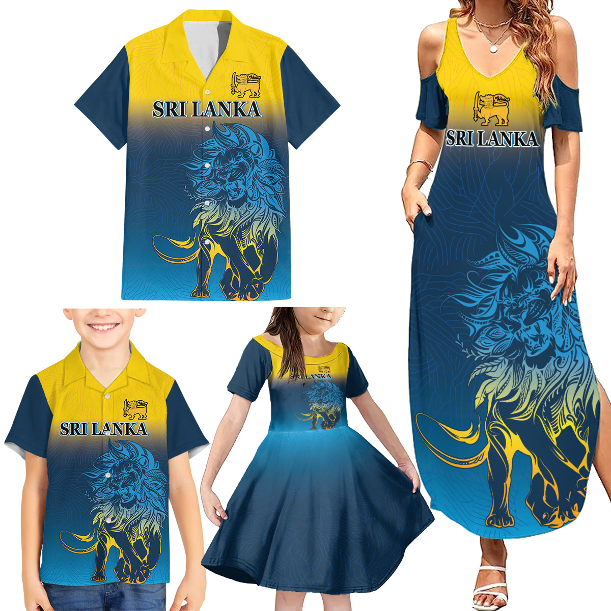 Sri Lanka Family Matching Summer Maxi Dress and Hawaiian Shirt With Lions Version - Wonder Print Shop