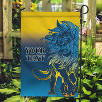 Yellow and blue lion garden flag with “YOUR TEXT” on a yard stake