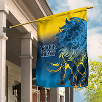 Yellow and blue lion-themed garden flag with grommet and pole mount, “YOUR TEXT”