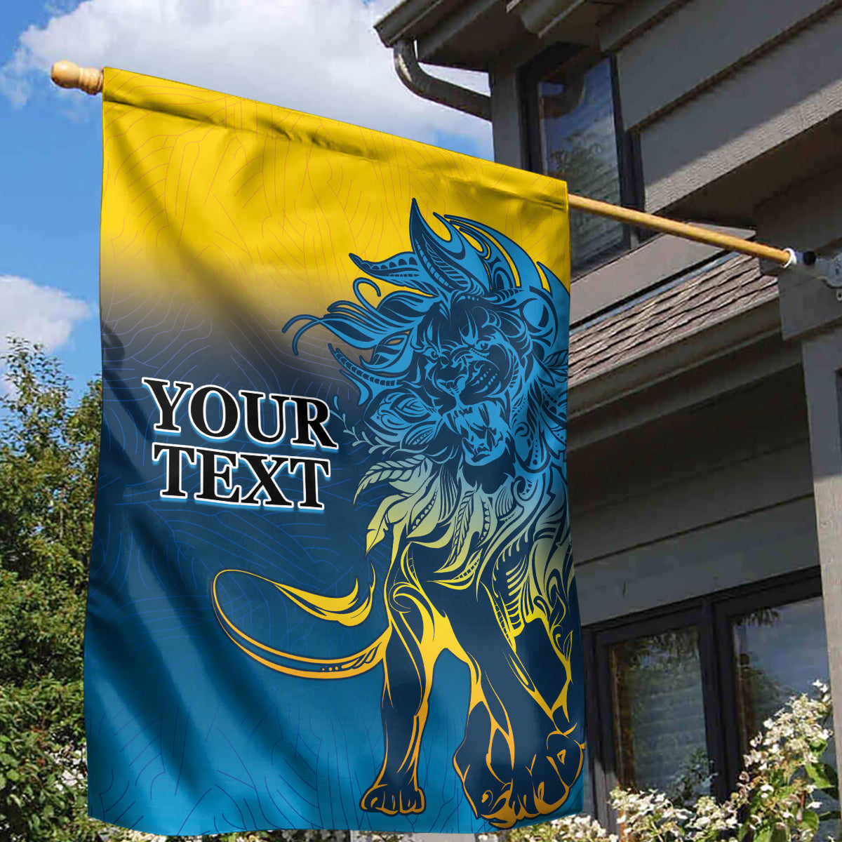 Yellow and blue lion garden flag with “YOUR TEXT” and banner-style hanging
