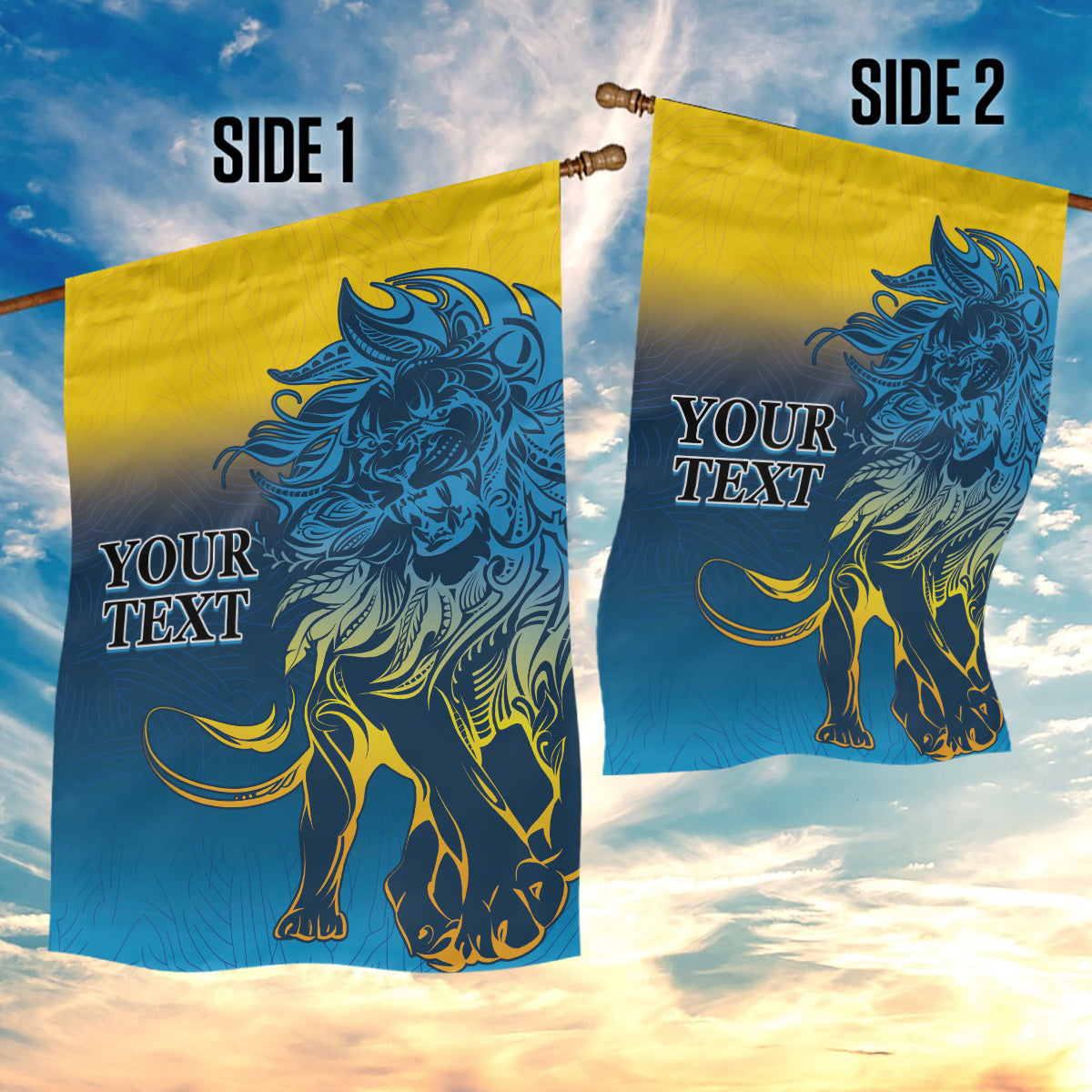 Two-sided yellow and blue lion garden flag showing “YOUR TEXT” on side 1 and side 2