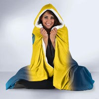 Hooded blanket with yellow hood and white sherpa trim, blue cape bottom
