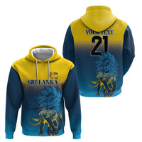 Two-sided hoodie: front shows Sri Lanka lion print; back shows 'YOUR TEXT 21' design