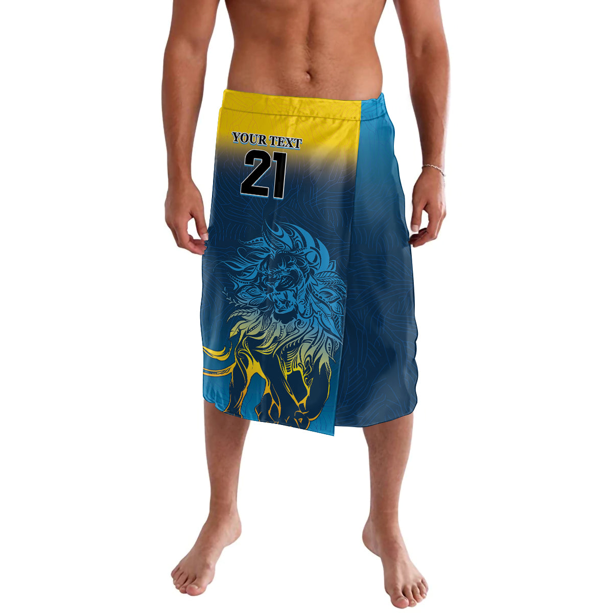 Blue lavalava wrap skirt with lion graphic, yellow waistband and front panel print