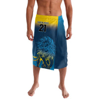 Blue lavalava wrap skirt with lion graphic, yellow waistband and front panel print