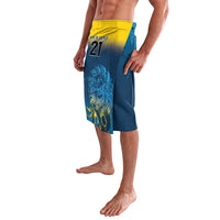 Blue lavalava wrap skirt with lion artwork, yellow waistband and front side print