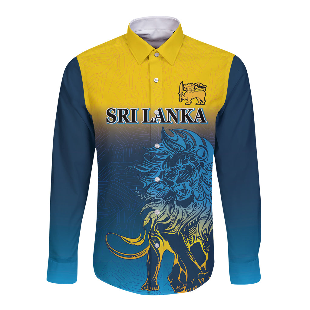 Two-tone unisex long-sleeve button shirt with lion crest and graphic (front)