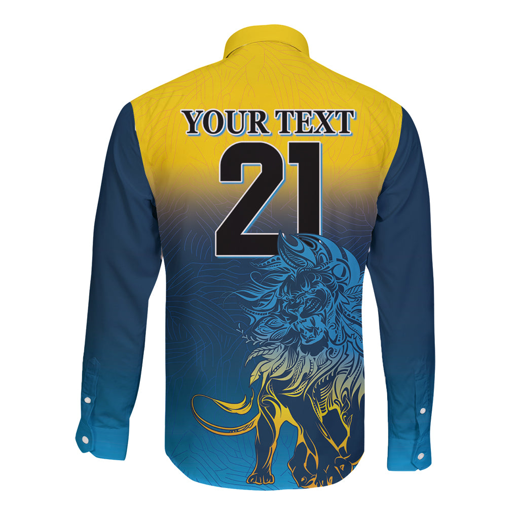 Two-tone unisex long-sleeve button shirt with lion graphic and 'YOUR TEXT 21' (back)