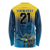 Unisex long-sleeve shirt back with YOUR TEXT 21 and lion graphic, blue/yellow