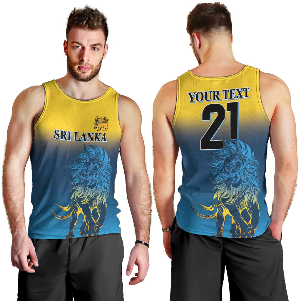 Men's tank top showing front 'SRI LANKA' lion print and back 'YOUR TEXT 21'