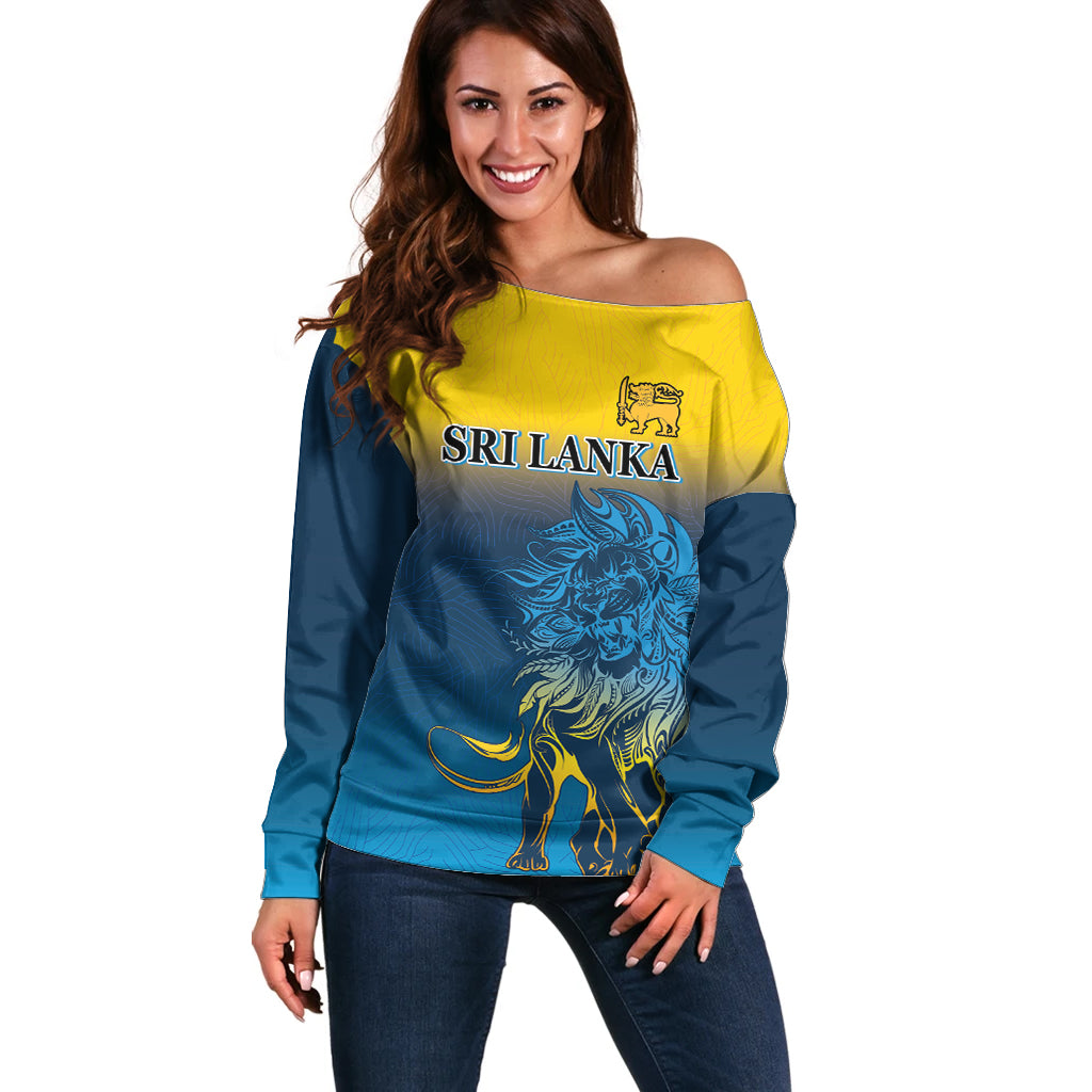 Off-shoulder sweater with lion graphic, long sleeves in blue and yellow gradient