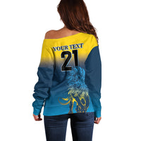 Off-shoulder sweater back with lion graphic and large number 21, blue and yellow