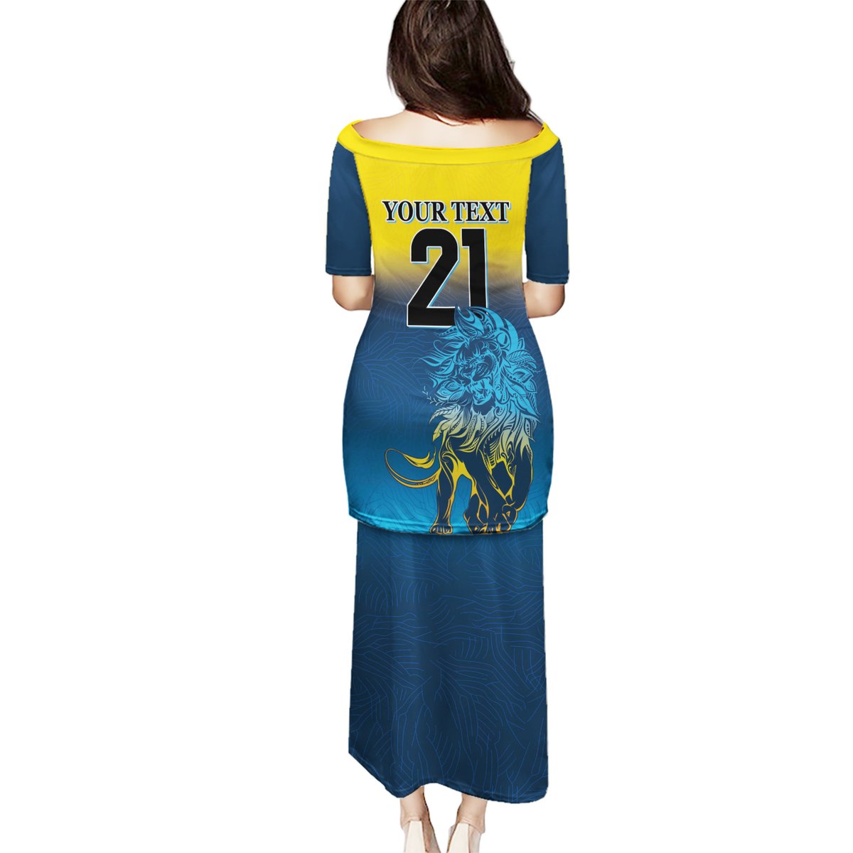 Blue long puletasi dress with yellow collar, lion art and 'Your text 21' on back