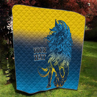 Square quilt blanket with blue-and-yellow quilt stitching and blue lion print, “YOUR TEXT”