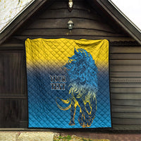 Wall-hung quilt blanket in blue and yellow with diamond quilting and blue lion, “YOUR TEXT”