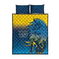 Quilt bed set with lion print, 'Your Text' design, blue and yellow cover