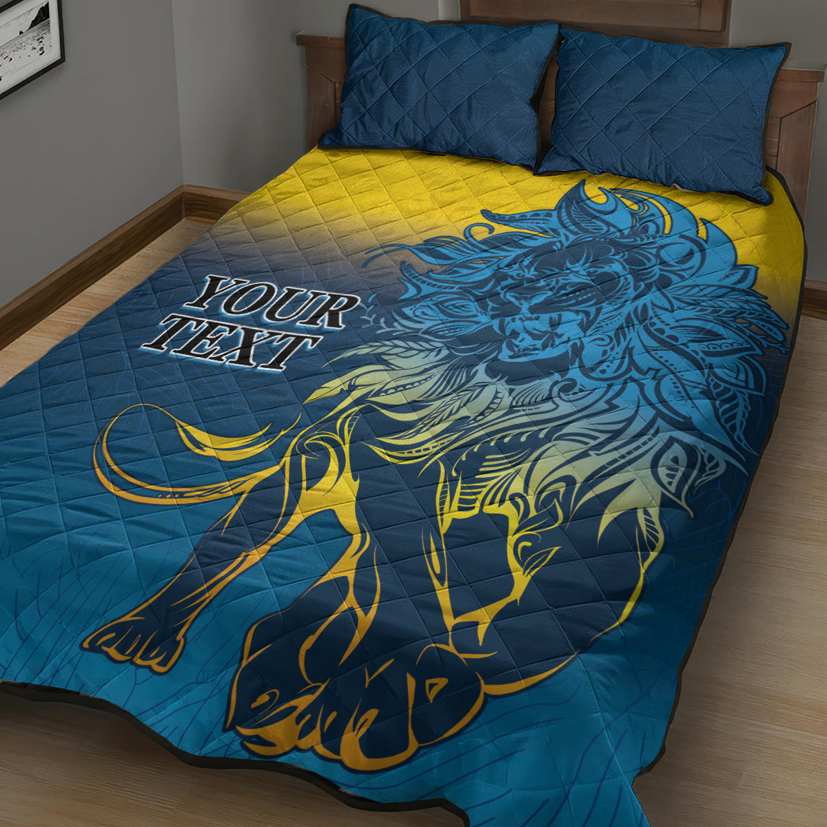 Blue and yellow lion quilt bed set with two pillowcases featuring 'Your Text'