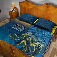Blue quilt bed set with lion artwork, two square pillowcases, dark trim detail