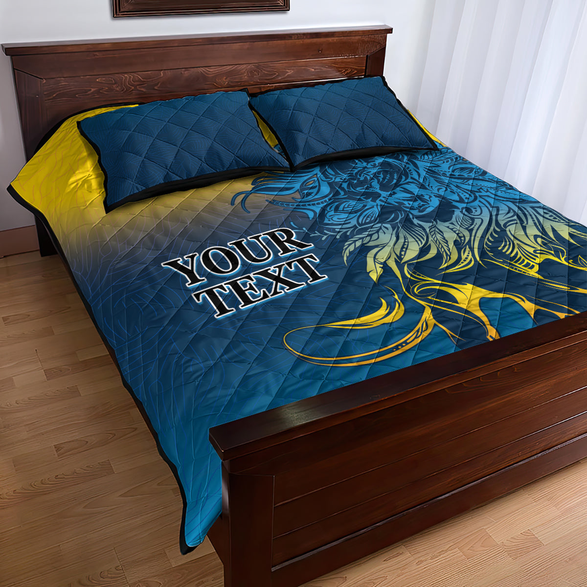 Blue quilt bed set with 'Your Text' and lion graphic, two matching pillowcases