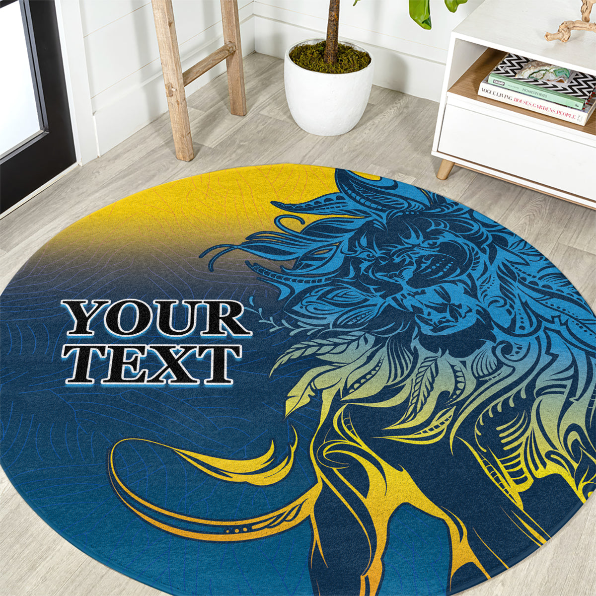 Round blue lion graphic carpet rug with yellow accents and custom text placeholder