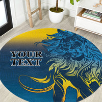 Round blue lion graphic carpet rug with yellow accents and custom text placeholder