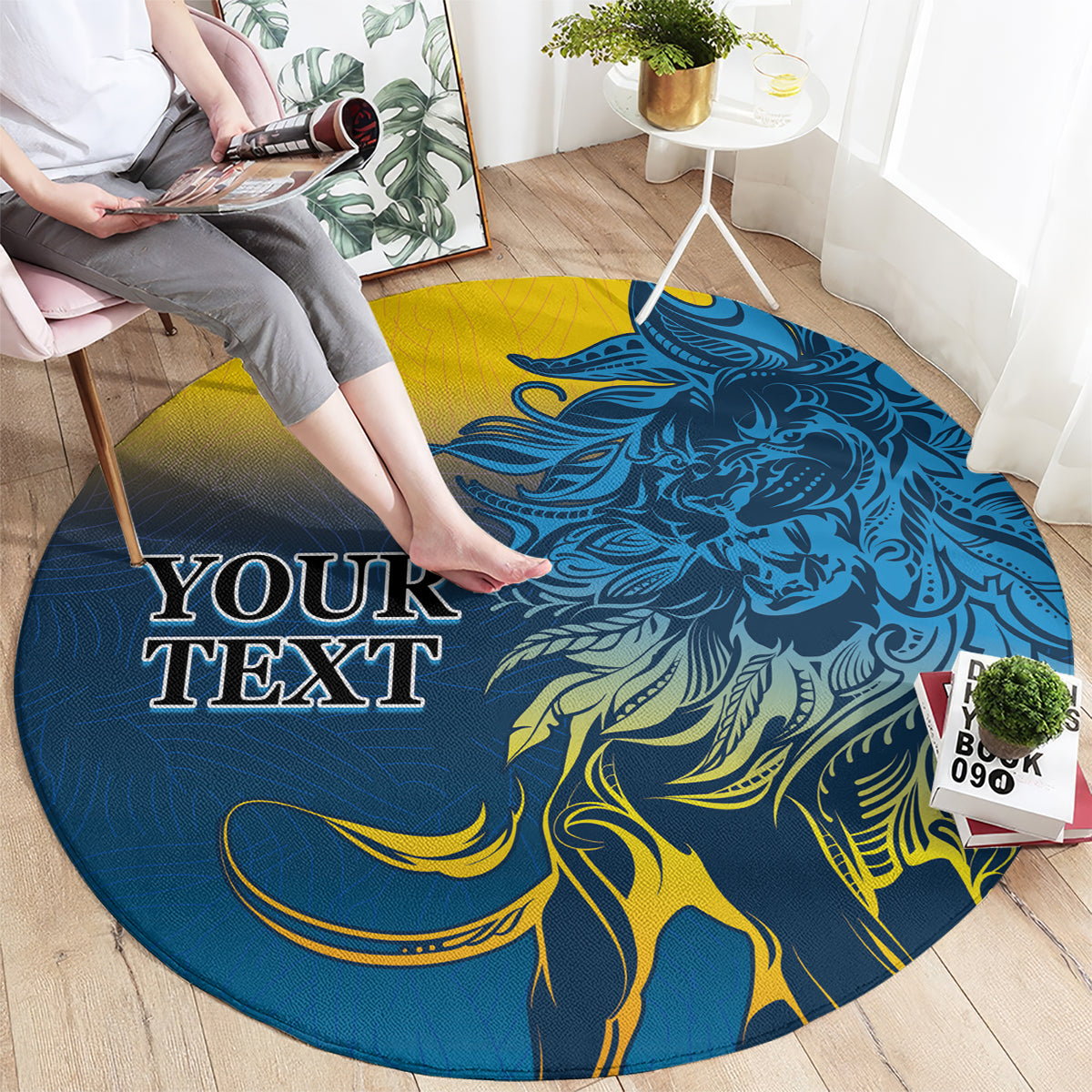 Round blue lion graphic rug with yellow accents; placeholder text area on top