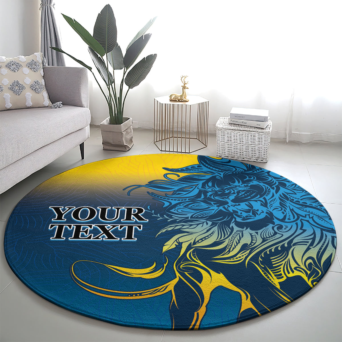 Round blue carpet rug featuring lion illustration in yellow and blue with text space