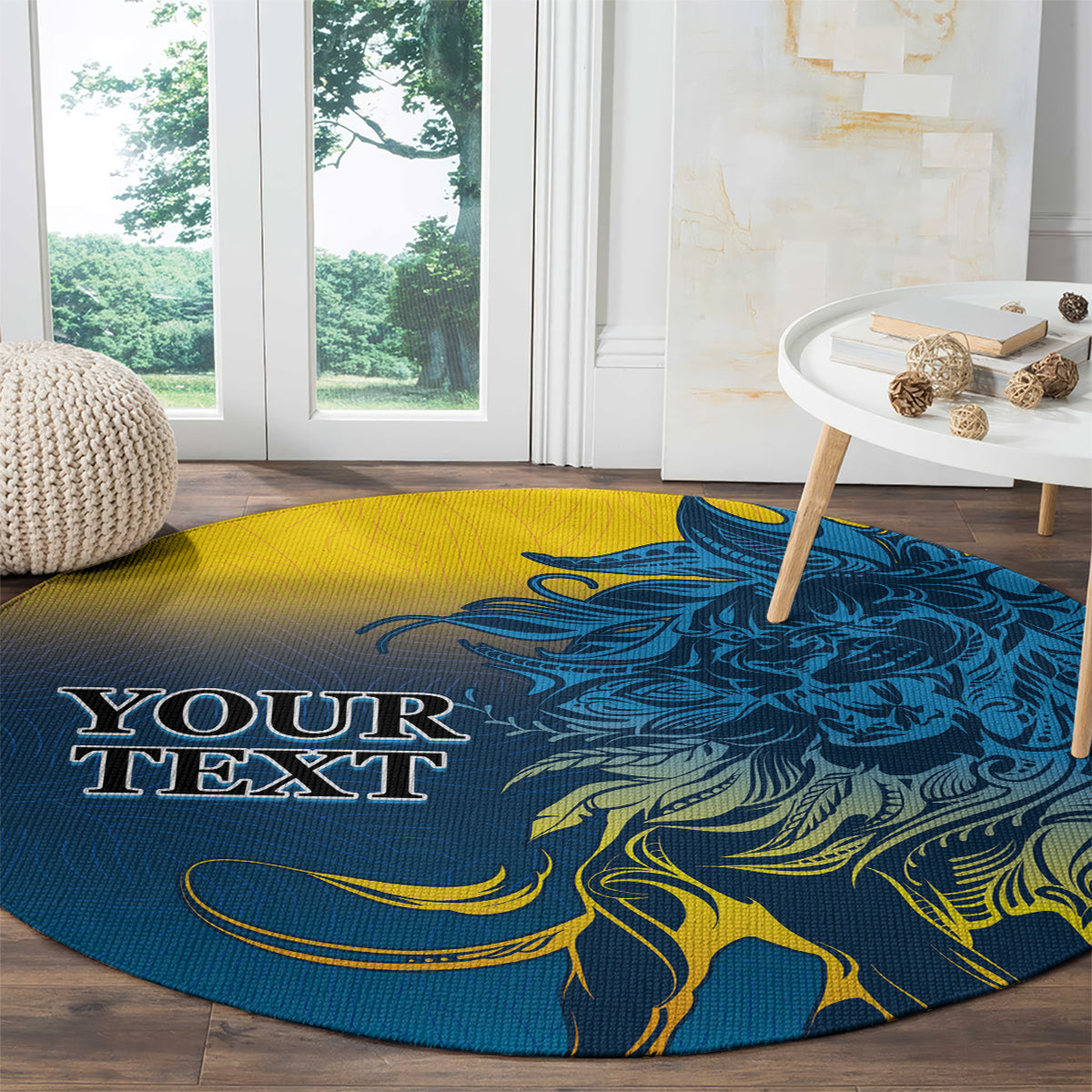 Round blue lion graphic carpet rug with yellow accents and customizable text placeholder