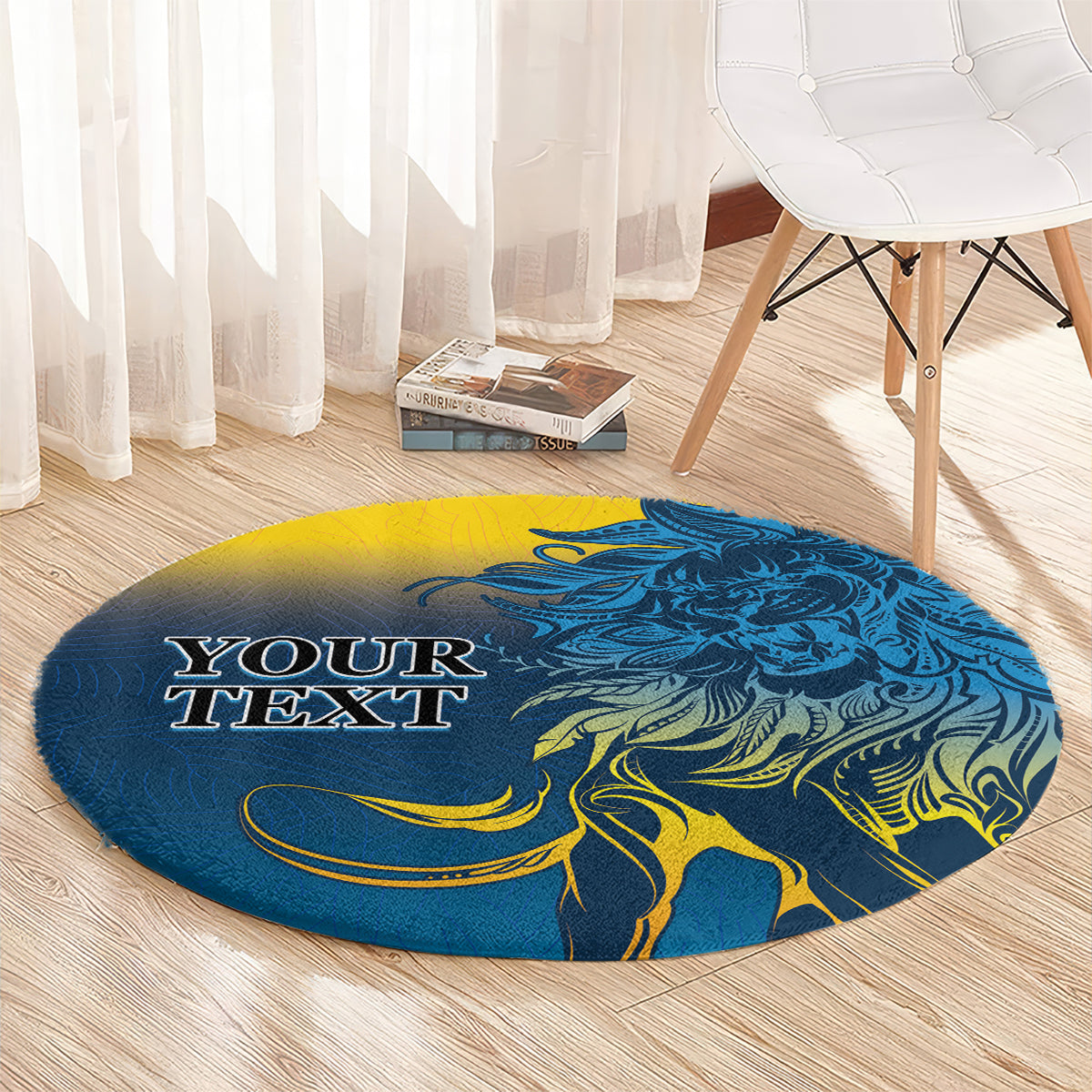Round blue lion carpet rug with yellow highlights and a custom text placeholder