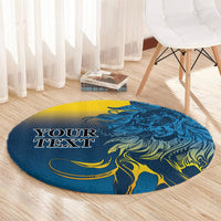 Round blue lion carpet rug with yellow highlights and a custom text placeholder