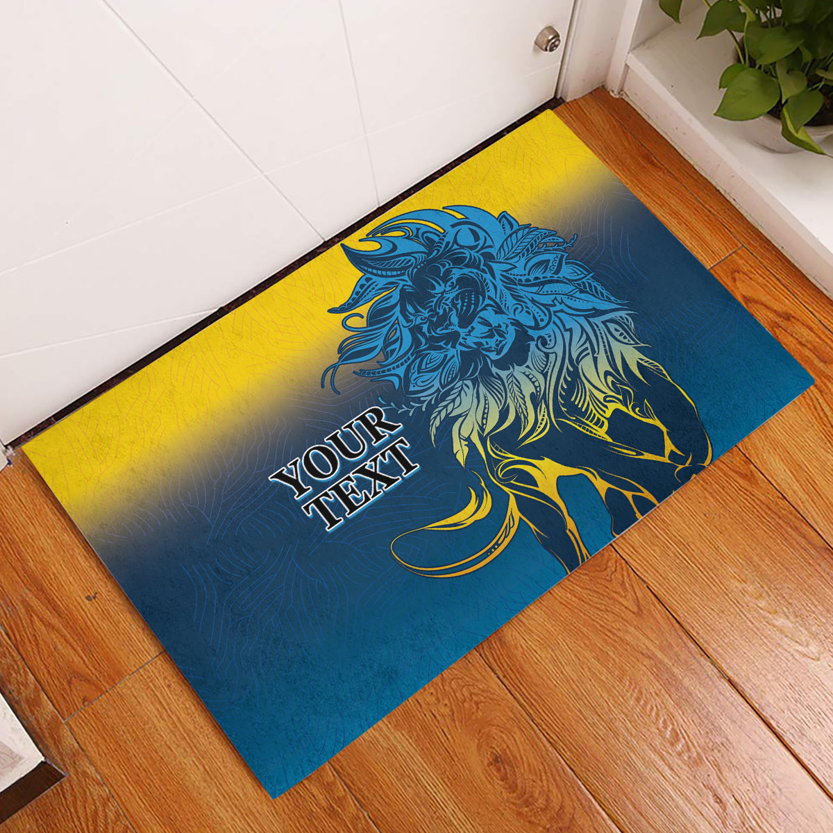 Blue rubber doormat with lion graphic and 'YOUR TEXT' banner