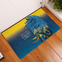 Blue rubber doormat with lion graphic and 'YOUR TEXT' banner